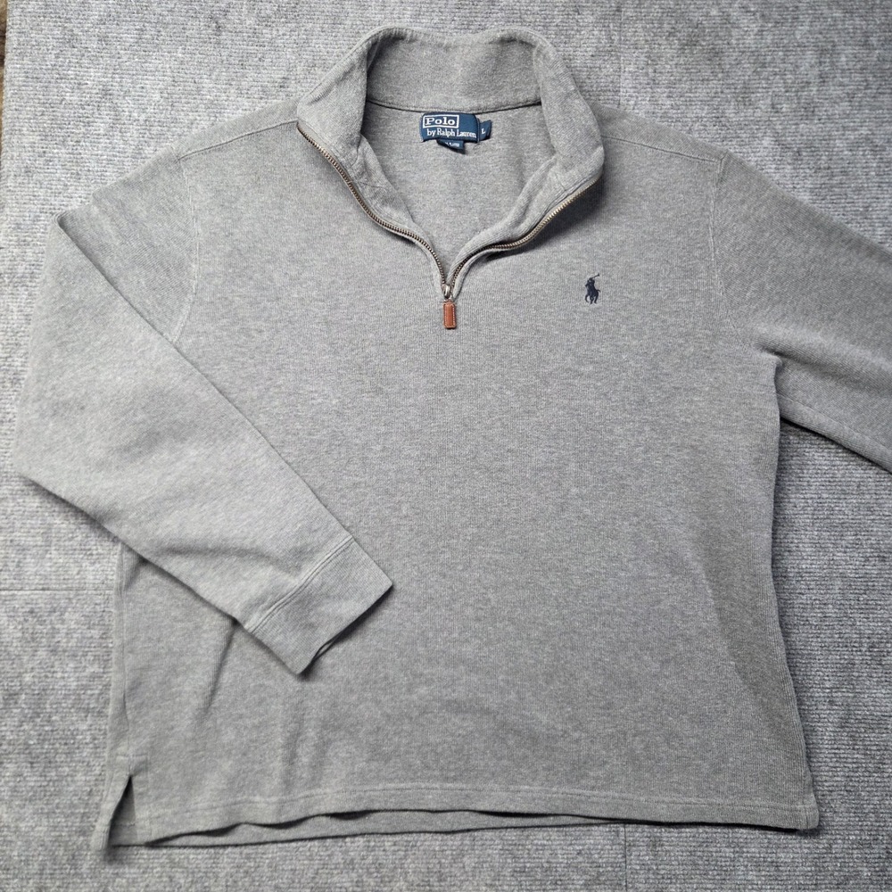 Polo Ralph Lauren Mens Large Grey 1/4 Zip Cotton Pullover Sweater Pony Logo